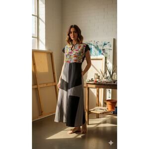 Vintage Art to Wear Patchwork Maxi Dress Quilted Color festival Block Boho‎